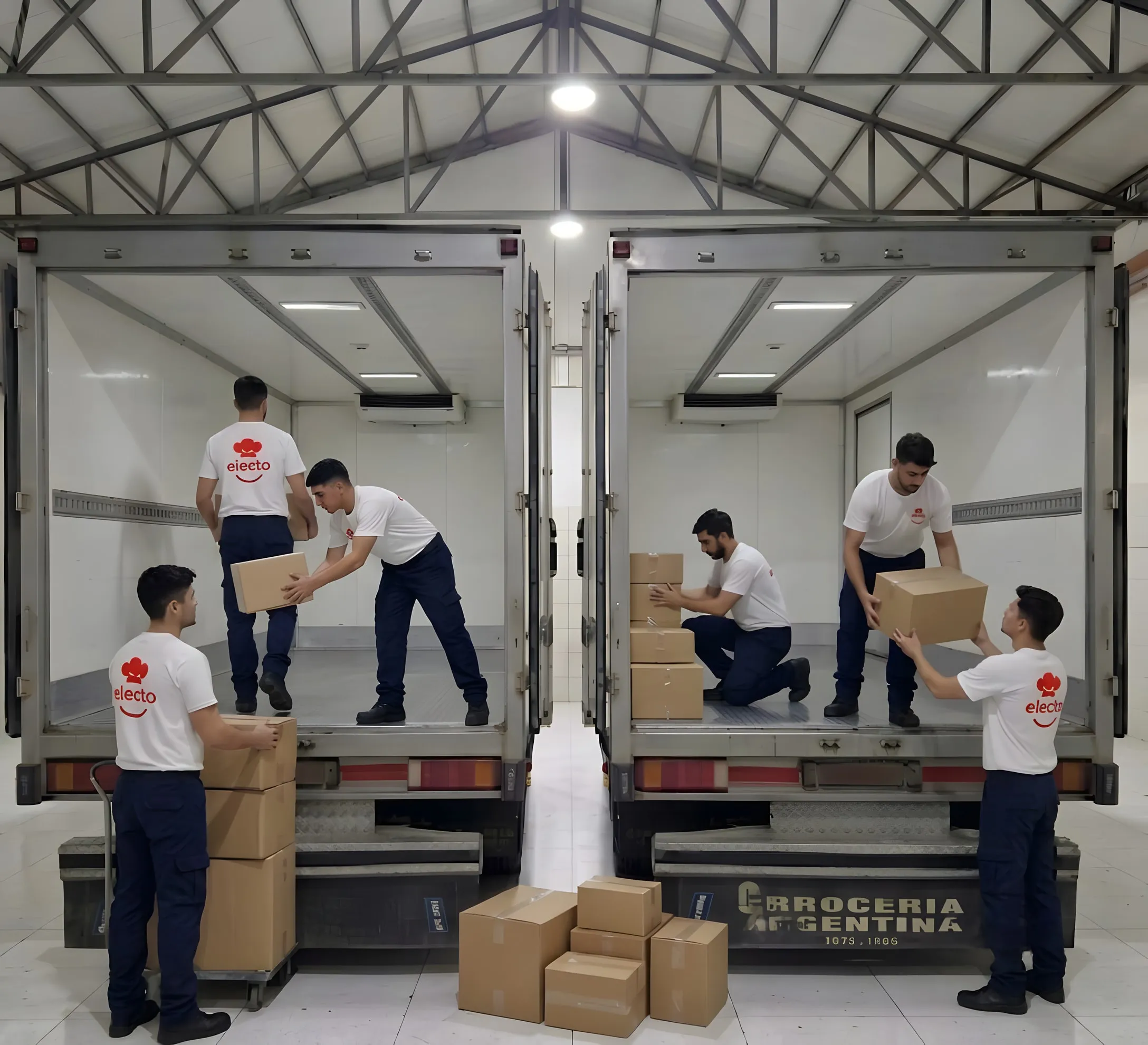 Equipo de Electo cargando cajas en el camión de reparto