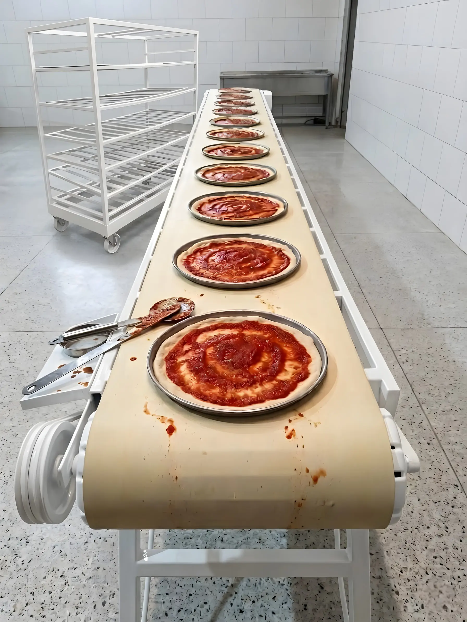 Cinta de producción de pizzas crudas en la panificadora